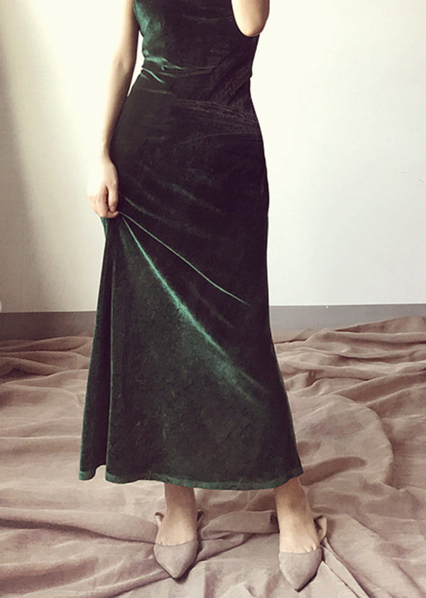 Green V Neck Velvet Spaghetti Strap Dress Spring