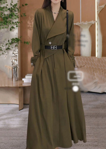 Green V Neck Waist Sashes Cotton Long Dresses Spring