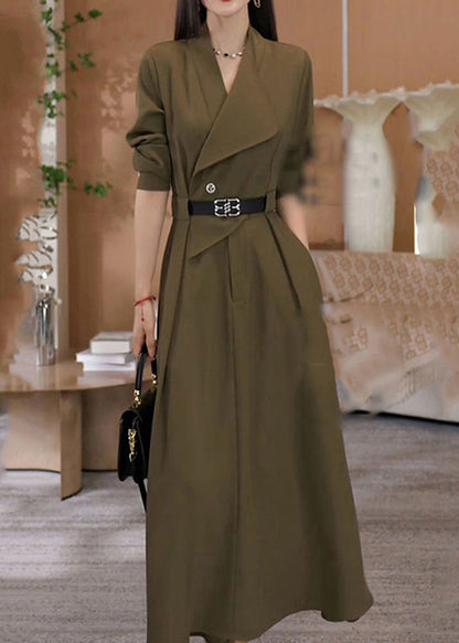 Green V Neck Waist Sashes Cotton Long Dresses Spring