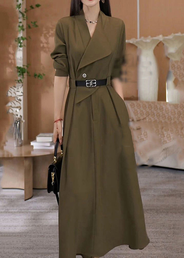 Green V Neck Waist Sashes Cotton Long Dresses Spring