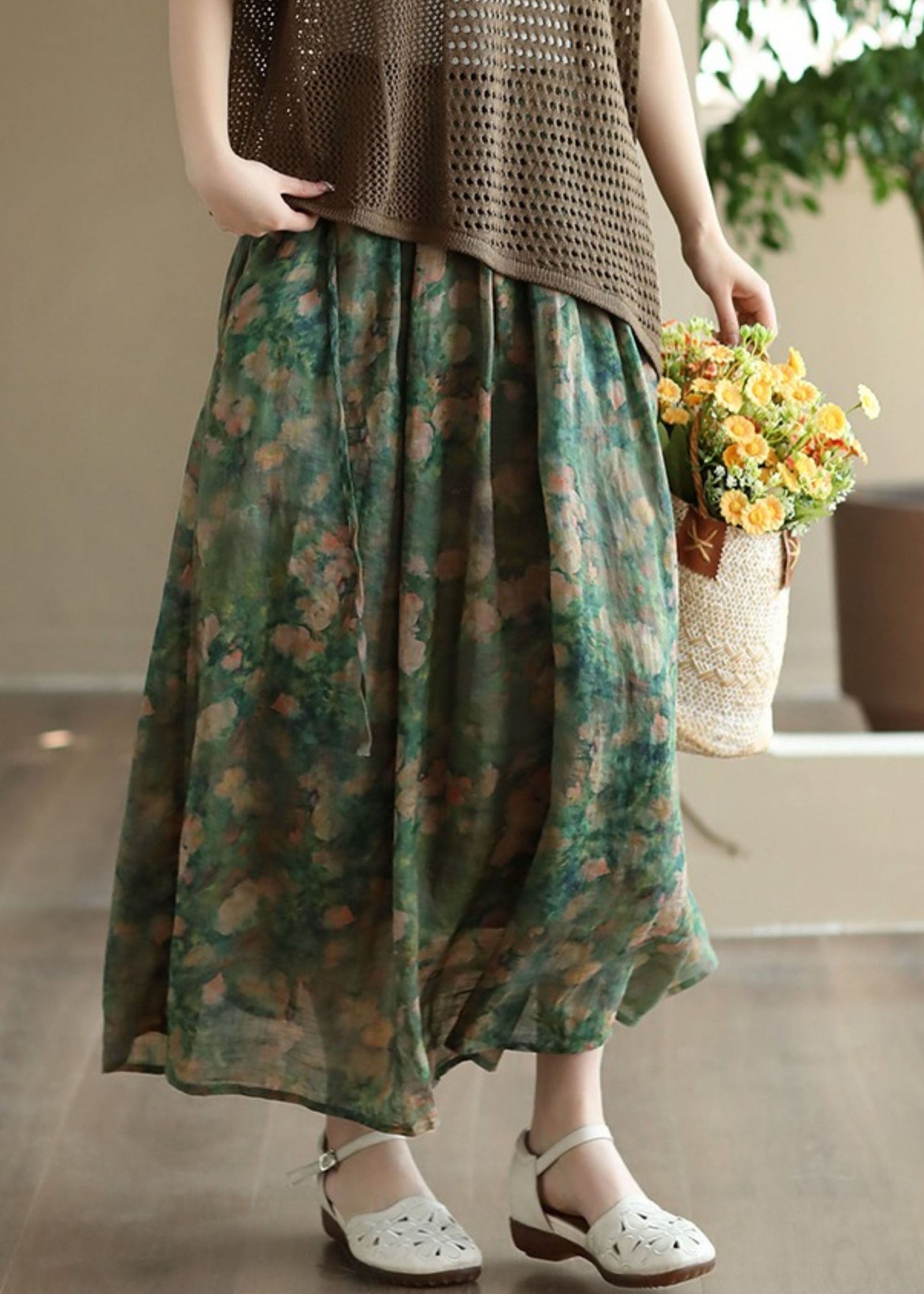 Green Wrinkled Pockets Patchwork Linen Skirts Summer