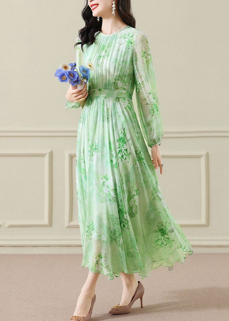 Green Wrinkled Print Chiffon Maxi Dress Long Sleeve