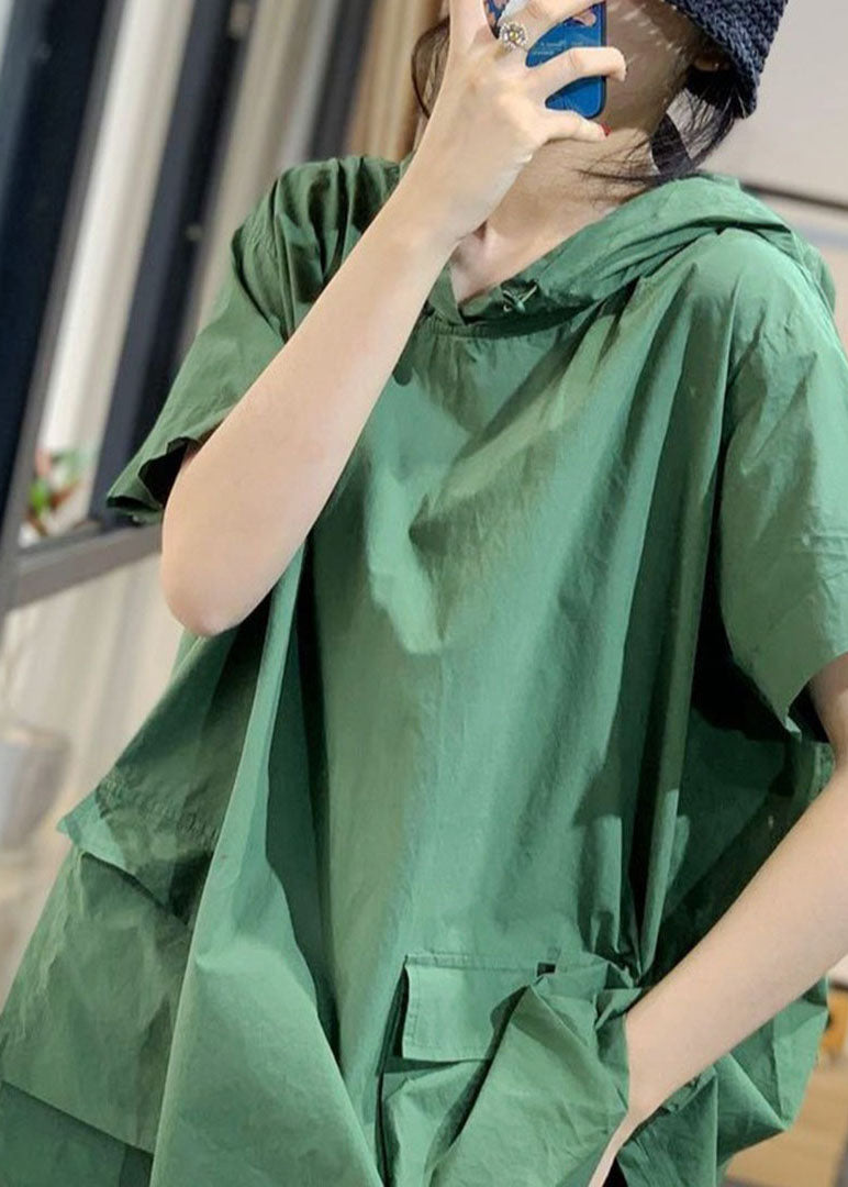 Green Hooded Pockets Drawstring Fall Short Sleeve Blouses