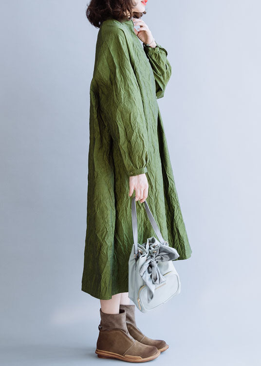 Green Wrinkled Button Cotton Long Dress Spring