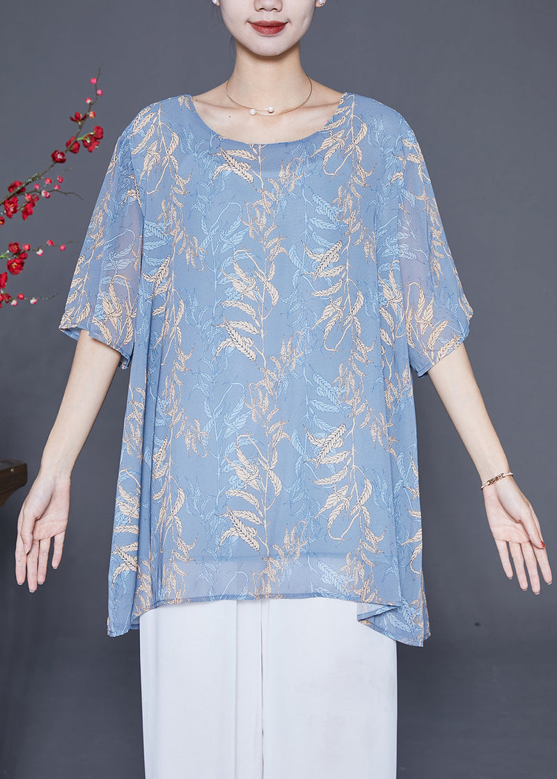 Grey Blue Oversized Print Chiffon Shirt Tops Summer