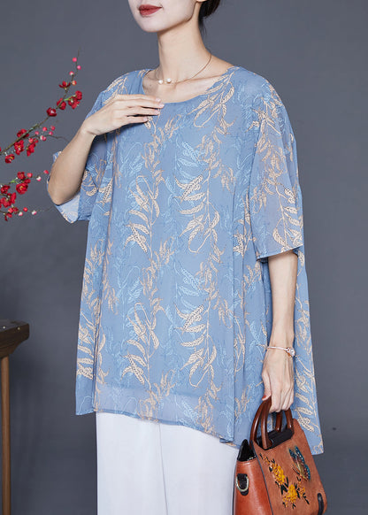 Grey Blue Oversized Print Chiffon Shirt Tops Summer