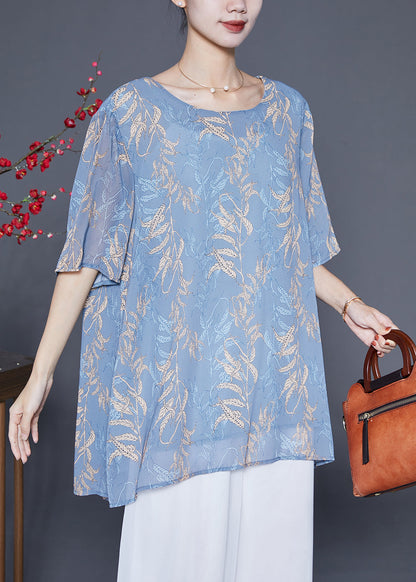 Grey Blue Oversized Print Chiffon Shirt Tops Summer