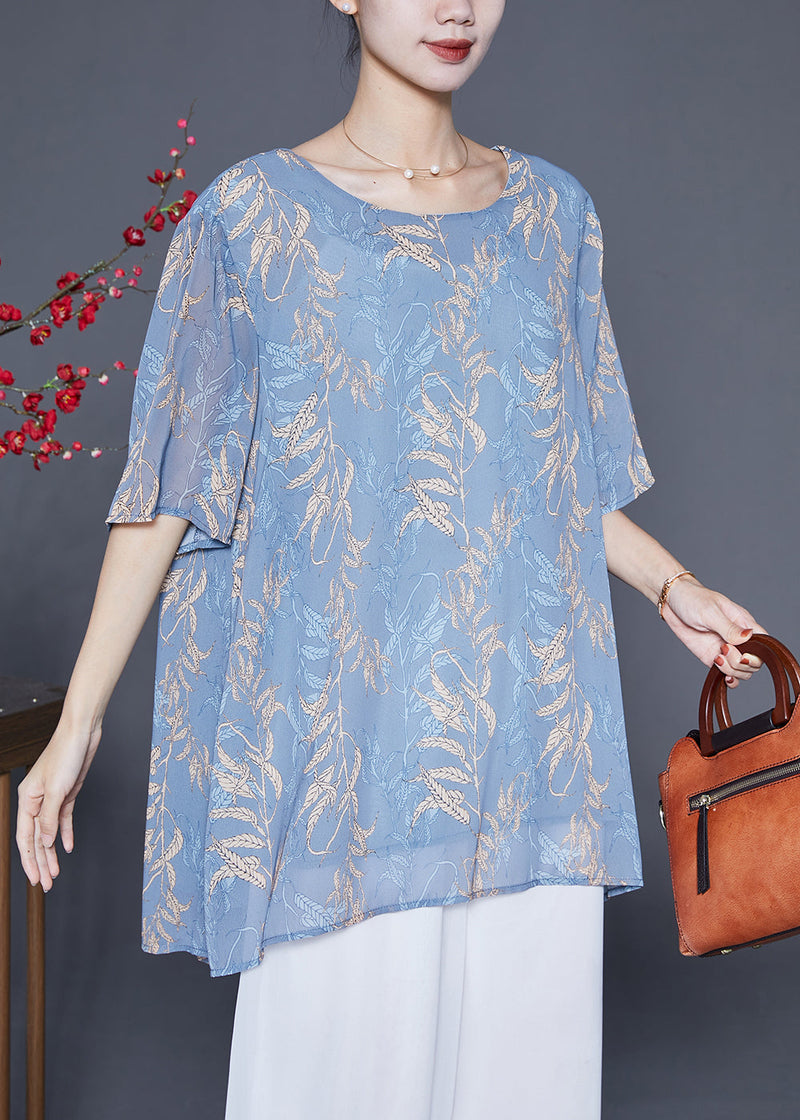 Grey Blue Oversized Print Chiffon Shirt Tops Summer