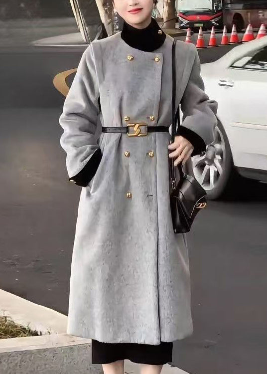 Grey Double Breast Sashes Woolen Long Coats Spring