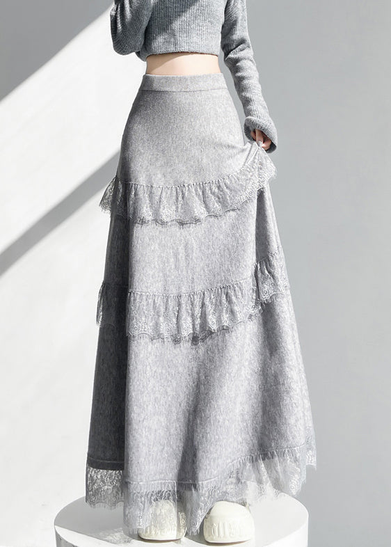 Grey Elastic Waist Lace Patchwork Knit Skirts Winter