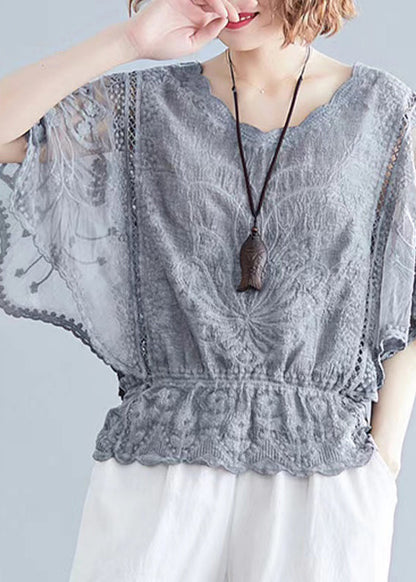 Grey Embroidered Hollow Out Cotton Top Batwing Sleeve