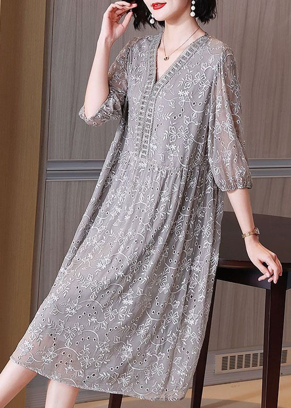 Grey Embroidered Nail Bead Patchwork Silk Dress Half Sleeve