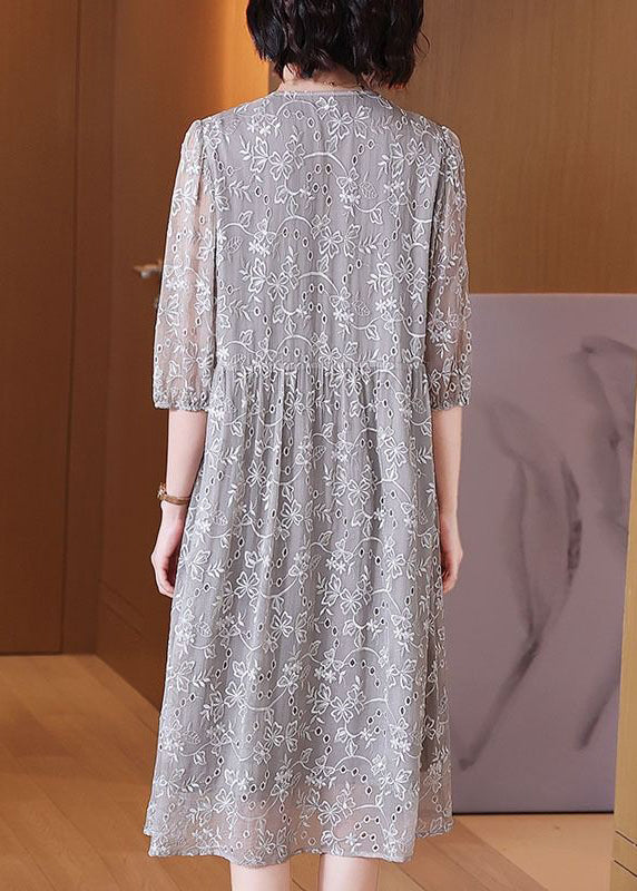 Grey Embroidered Nail Bead Patchwork Silk Dress Half Sleeve