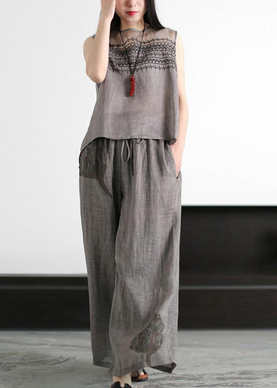 Grey Embroideried Hollow Out Tulle Patchwork Linen Two Piece Suit Set Sleeveless