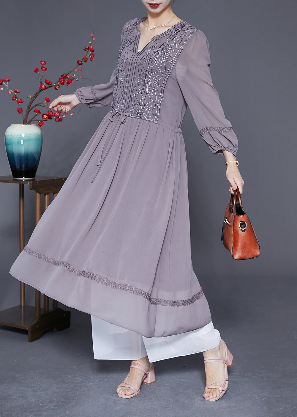 Grey Embroideried Tie Waist Silk Maxi Dresses Spring