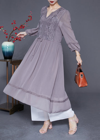 Grey Embroideried Tie Waist Silk Maxi Dresses Spring