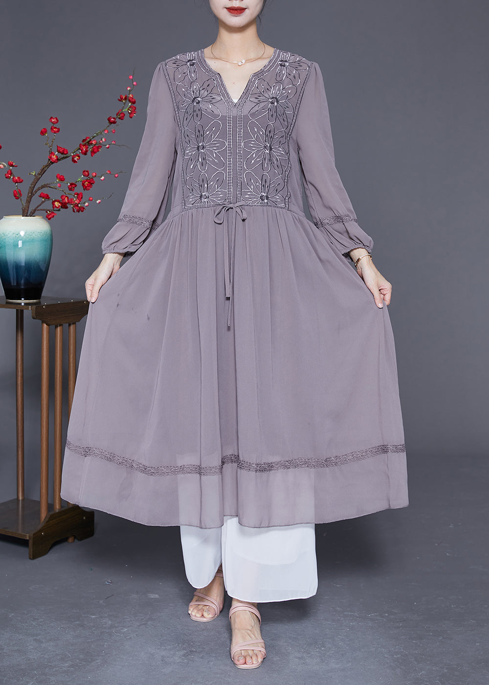 Grey Embroideried Tie Waist Silk Maxi Dresses Spring