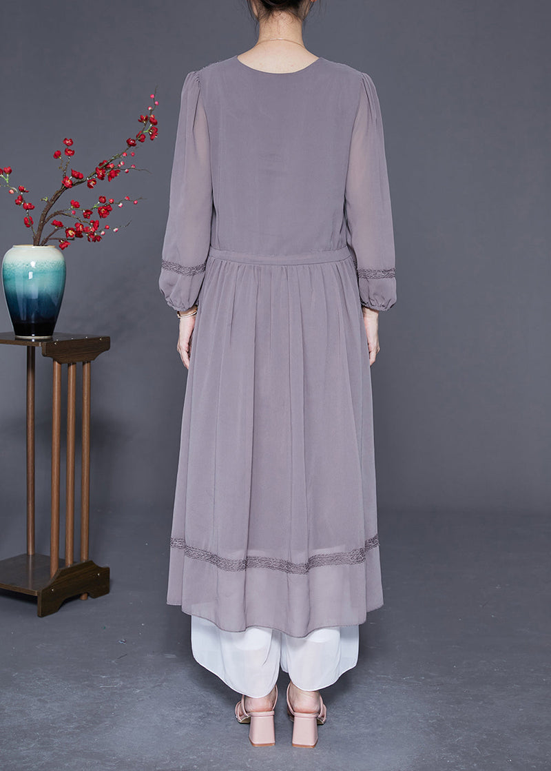 Grey Embroideried Tie Waist Silk Maxi Dresses Spring