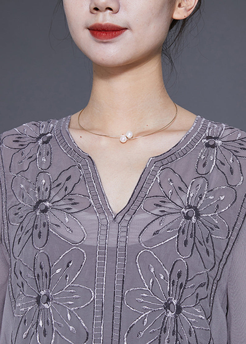 Grey Embroideried Tie Waist Silk Maxi Dresses Spring