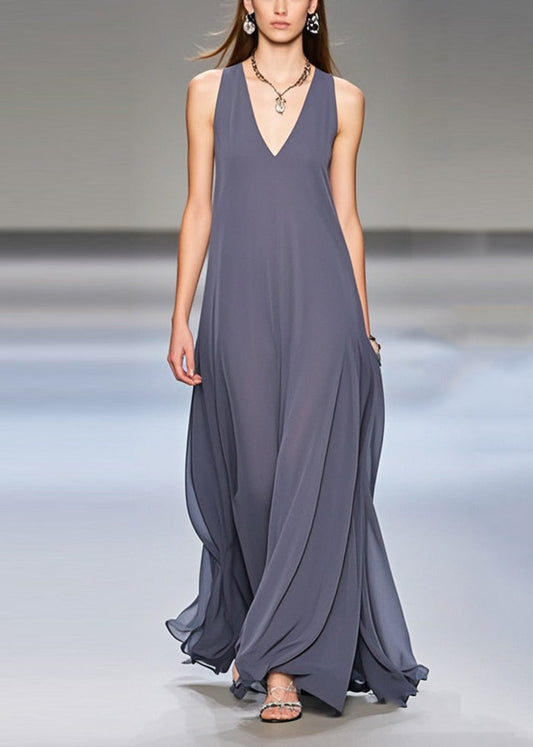Grey Exra Large Hem Draping Chiffon Long Dresses Sleeveless
