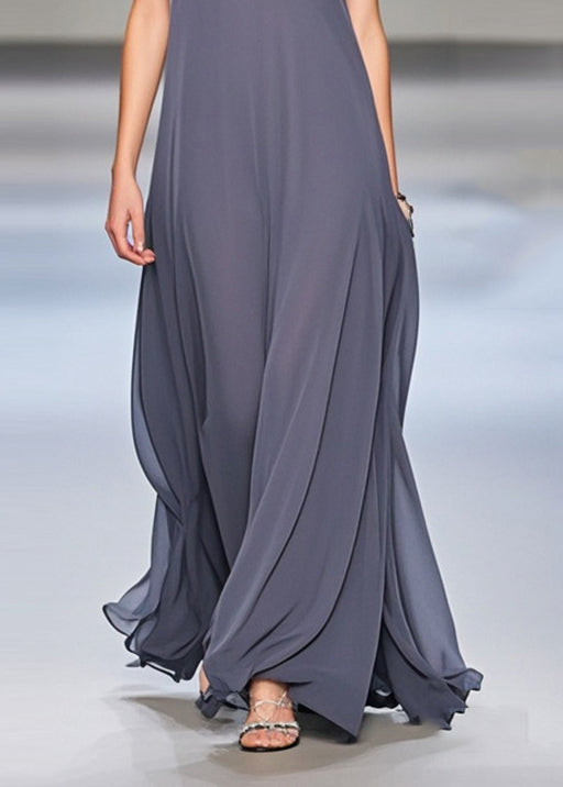 Grey Exra Large Hem Draping Chiffon Long Dresses Sleeveless