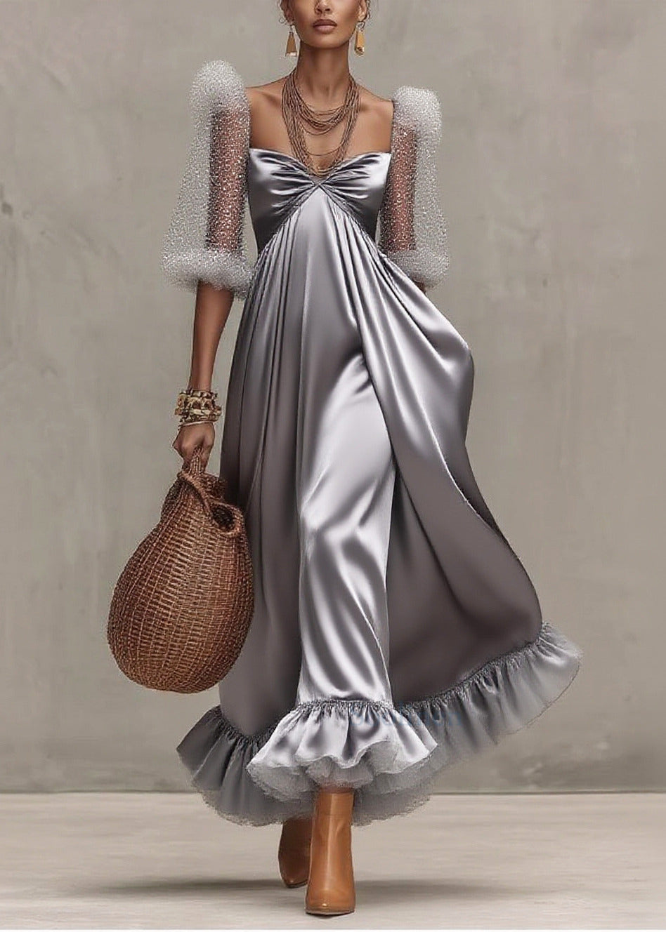 Grey Exra Large Hem Patchwork Tulle Evening Dress Puff Sleeve