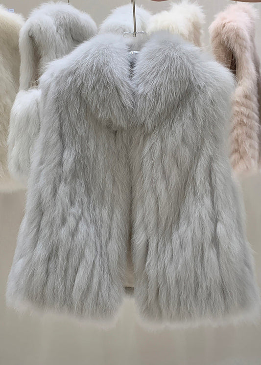 Grey Fox Collar Patchwork Leather and Fur Waistcoat Winter