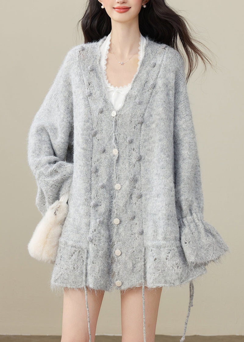 Grey Fuzzy Ball Decorated Drawstring Knit Cardigan Winter