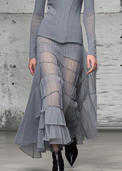 Grey High Neck Patchwork Exra Large Hem Knit Long Dress Fall