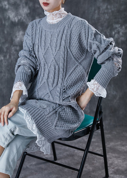 Grey Hollow Out Knit Ripped Sweater Dress Winter
