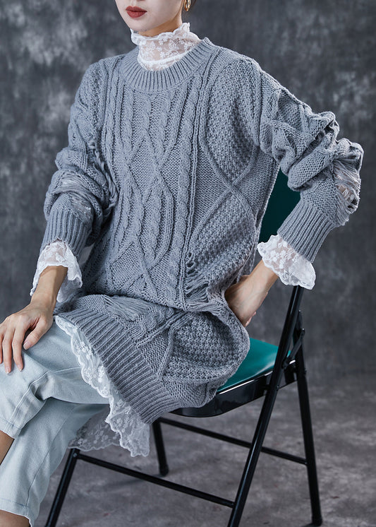 Grey Hollow Out Knit Ripped Sweater Dress Winter