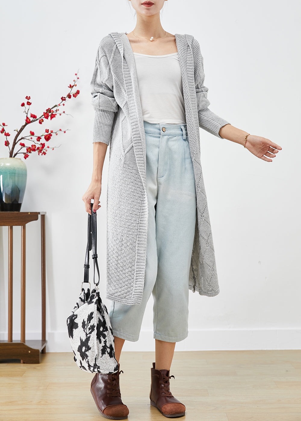 Grey Hooded Oversized Knit Cardigans Spring