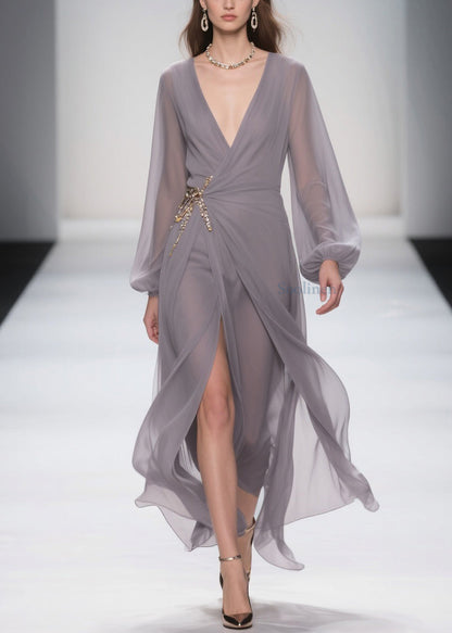 Grey Lace Up Front Open Chiffon Long Dress Spring