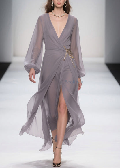 Grey Lace Up Front Open Chiffon Long Dress Spring