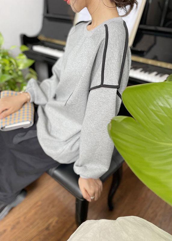Elegant Grey Loose Embroideried Patchwork Fall Sweatshirt Street Wear