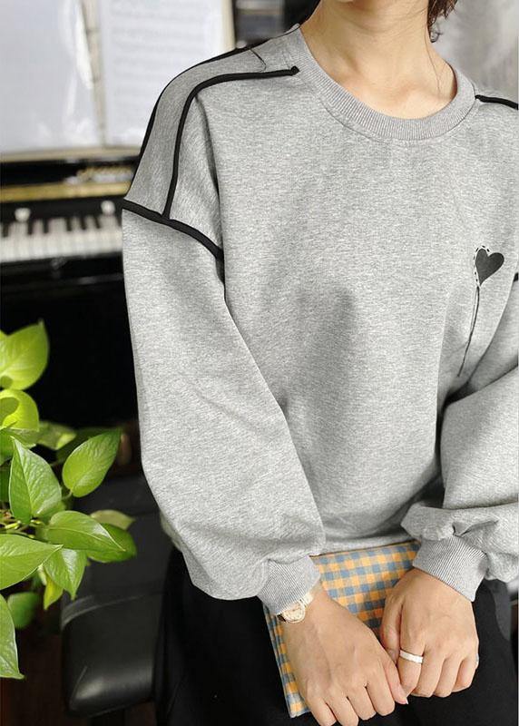 Grey Loose Embroideried Patchwork Fall Sweatshirt Street Wear