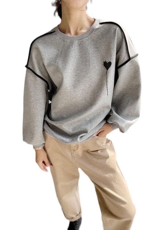 Elegant Grey Loose Embroideried Patchwork Fall Sweatshirt Street Wear