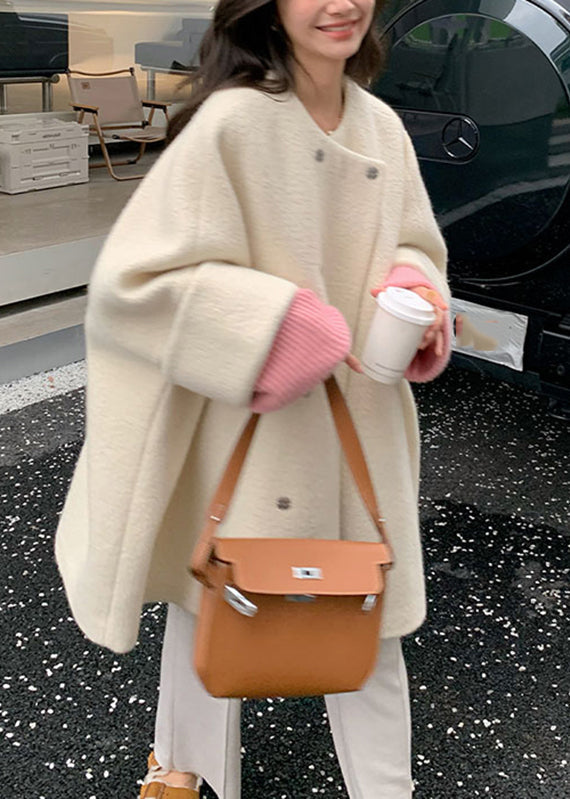 Grey O-neck Button Woolen Coats Long Sleeve