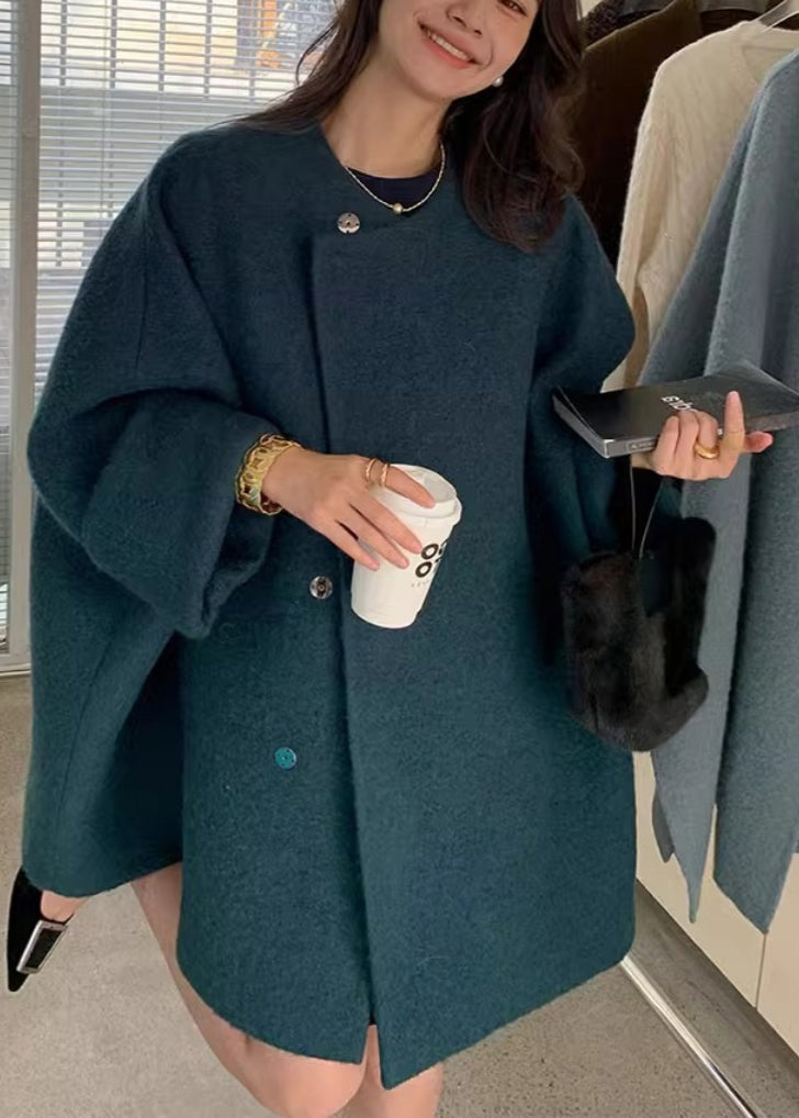 Grey O-neck Button Woolen Coats Long Sleeve