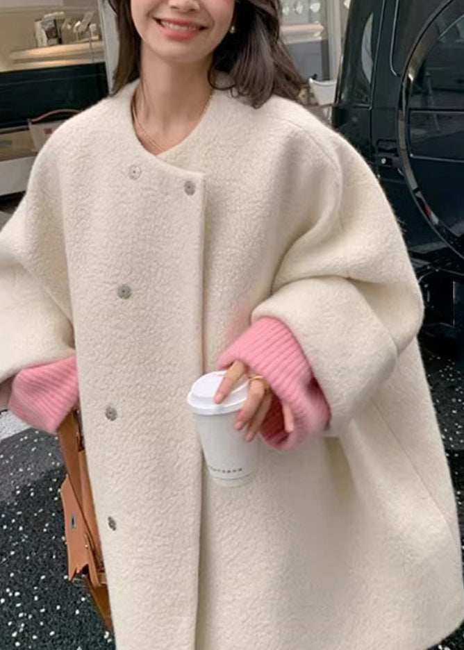 Grey O-neck Button Woolen Coats Long Sleeve