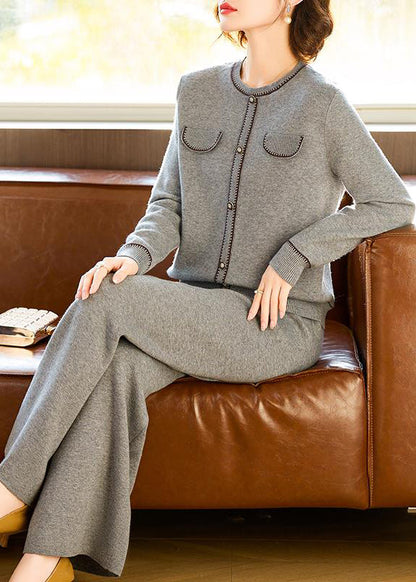 Grey O Neck Tops and Pants Wool Two Pieces Set Spring