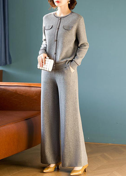 Grey O Neck Tops and Pants Wool Two Pieces Set Spring