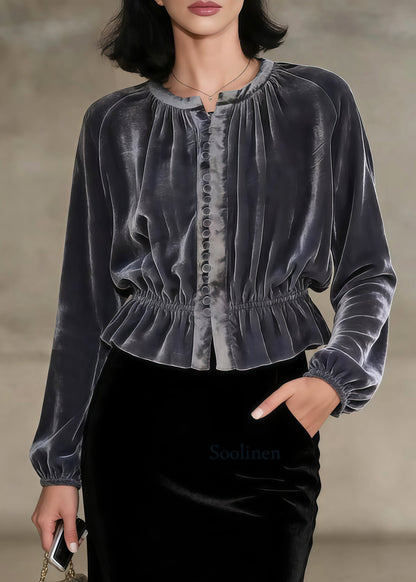 Elegant Grey O-neck Button Silk Velour Tops Spring