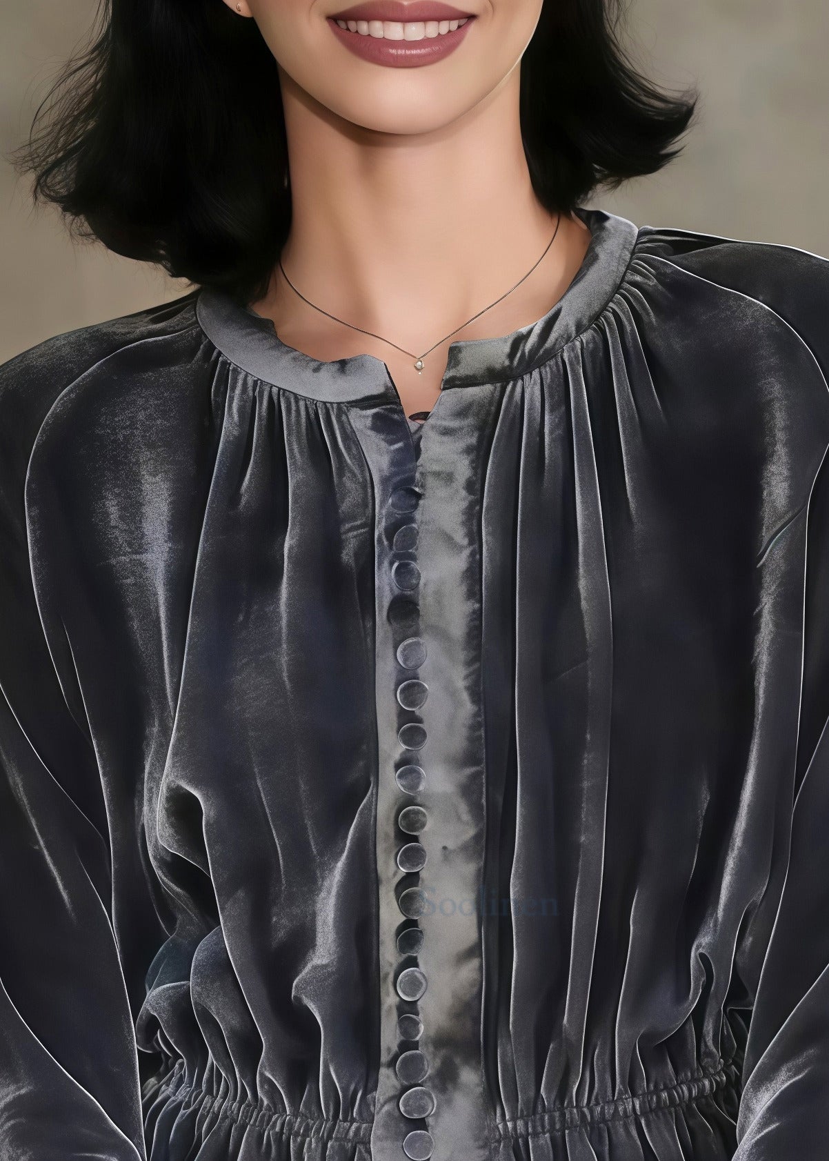 Elegant Grey O-neck Button Silk Velour Tops Spring