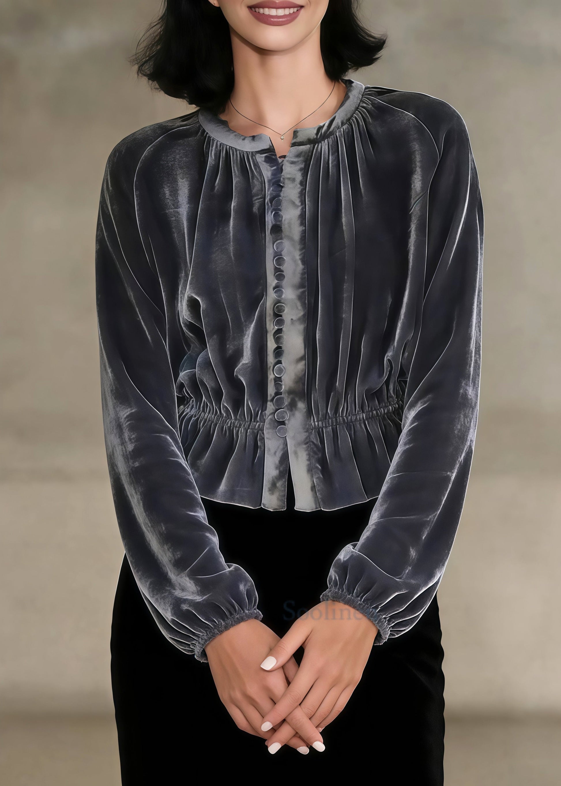 Elegant Grey O-neck Button Silk Velour Tops Spring
