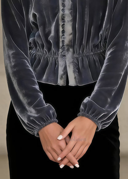 Elegant Grey O-neck Button Silk Velour Tops Spring