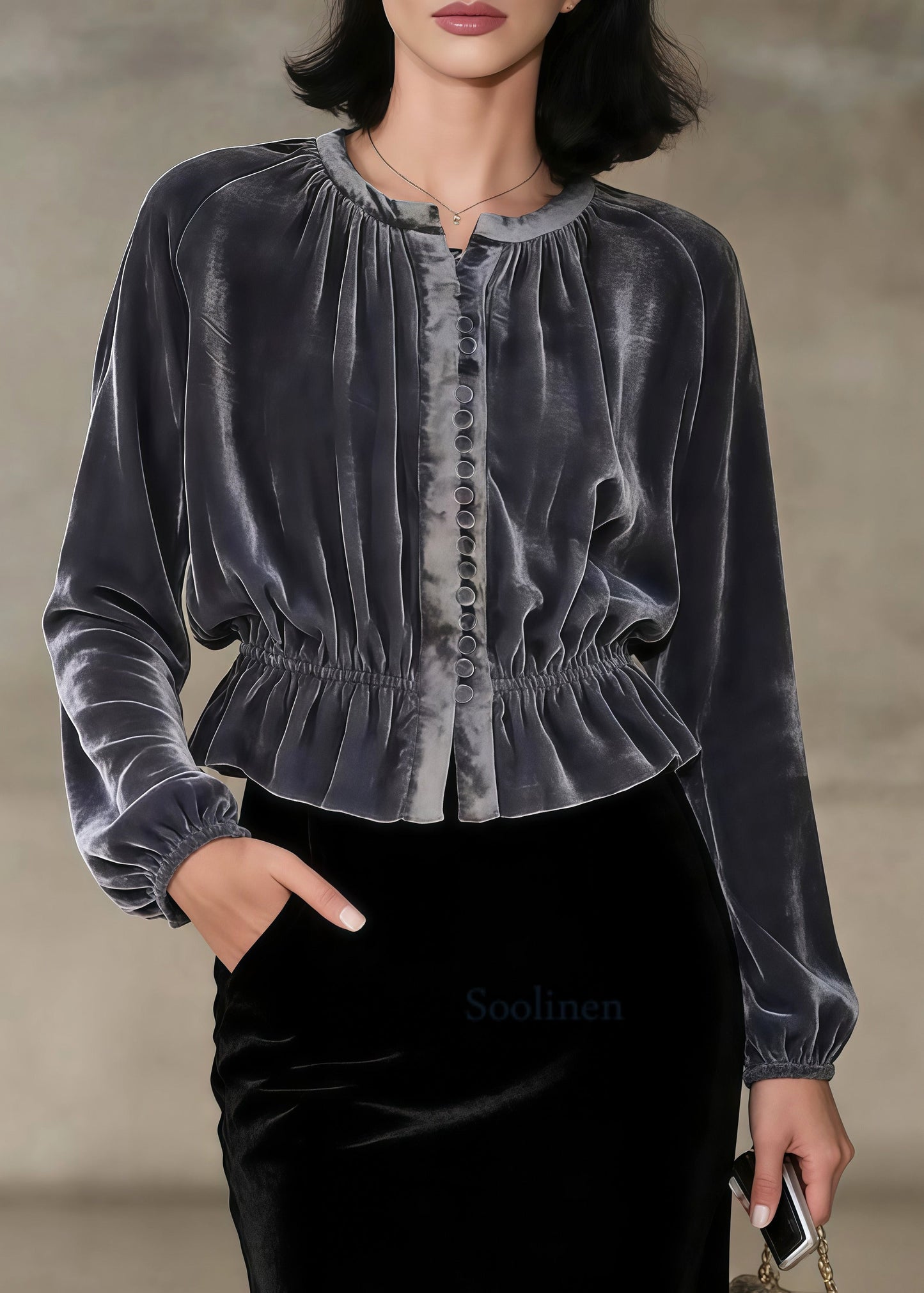 Elegant Grey O-neck Button Silk Velour Tops Spring