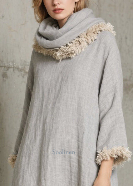 Grey Oversized Patchwork Faux Fur Long Dress Fall
