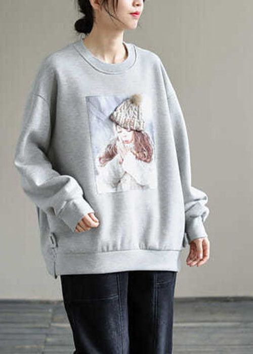 Grey Oversized Print Warm Fleece Sweatshirts Top Winter