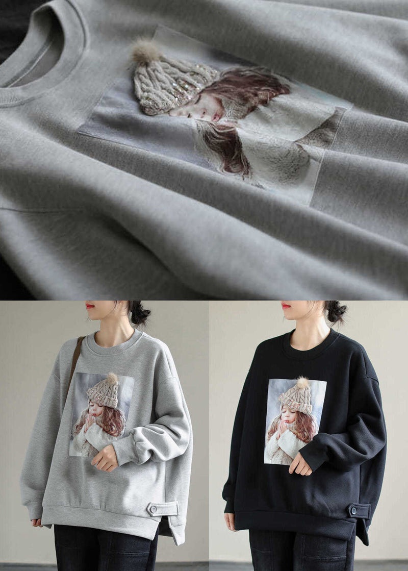 Grey Oversized Print Warm Fleece Sweatshirts Top Winter